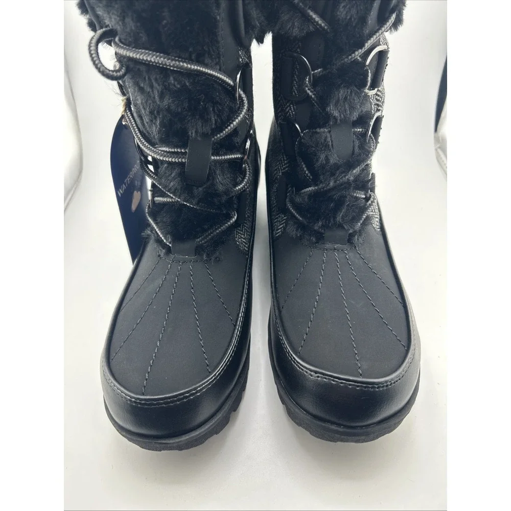 JBU Duck Boots Women 8.5 Black Grey Waterproof Herringbone Faux Fur Winter Snow
